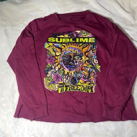 Sublime Graphic Crewneck Thin Maroon Raw Hem Cropped - Picture 1 of 3